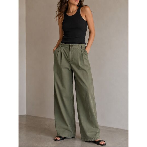 Madewell Pants - Madewell Wide Leg Crop Pants Women Size 14 Green Lyocell Linen Cotton High Rise